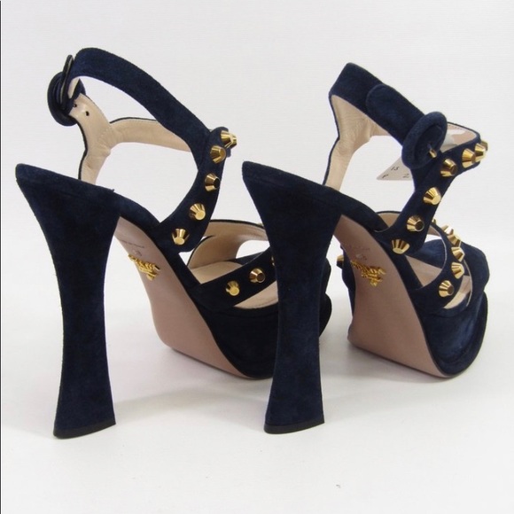 New! Prada blue suede cadet gold studded platform - Picture 2 of 2